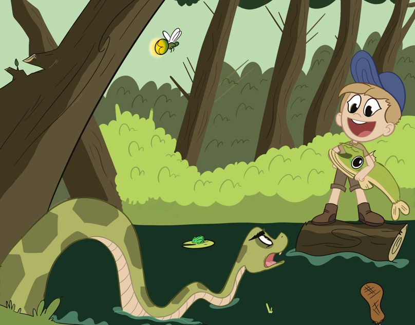 Leo and Musky explore a bright green forest together